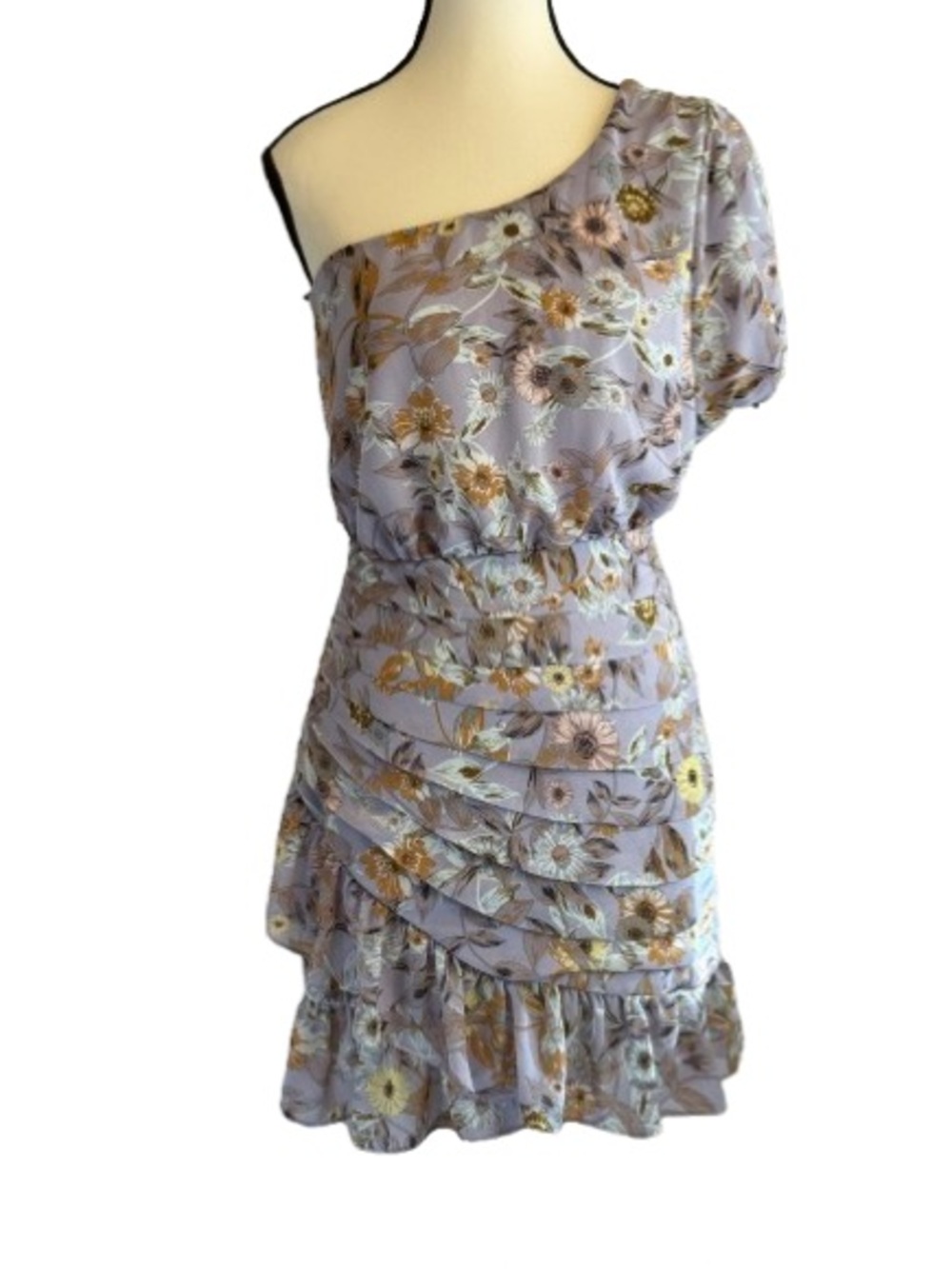 ASTR The Label Periwinkle Floral One Shoulder Ruched Mini Dress S Wedding Guest - Picture 2 of 7
